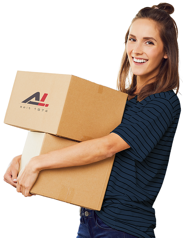 Smiling woman holding cardboard moving boxes